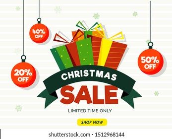 Christmas Sale banner or poster design with different discount offers and gift boxes on white background.