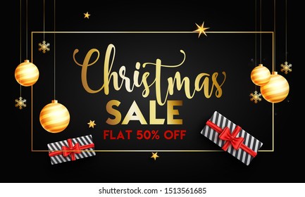 Christmas Sale banner or poster design with 50% discount offer, hanging baubles and gift boxes on black background.