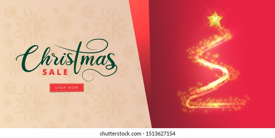 Christmas Sale banner or poster design with creative xmas tree made by glitter lighting effect.