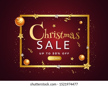 Christmas Sale banner or poster design with 50% discount offer, bauble balls and stars decorated on brown background.