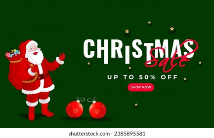 Christmas Sale banner or poster design with 50% discount offer, baubles and illustration of santa clause lifting a heavy gift sack on green background.