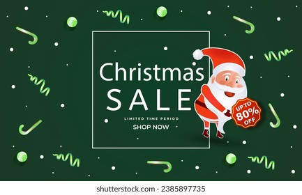 Christmas Sale banner or poster design with illustration of santa claus holding 80% discount offer tag on green background.