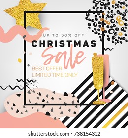 Christmas sale banner, poster, design. Trendy, modern, memphis style layout, template. Typography on white background with stripes, dots, golden glitter, brush strokes, golden star and champagne glass