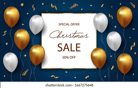 Christmas sale banner, poster. Luxury vector illustration with golden, silver balloons, confetti, frame and text on isolated blue background