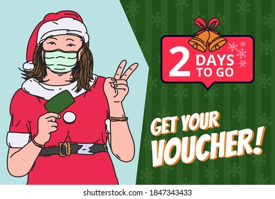 Christmas sale banner, poster promotion with girl wearing Santa Claus customs and medical mask. Use this to promote your product sales.