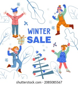 Christmas sale banner or poster template with happy children walking in winter, flat vector illustration. Winter sale advertising banner with children for Christmas holiday.