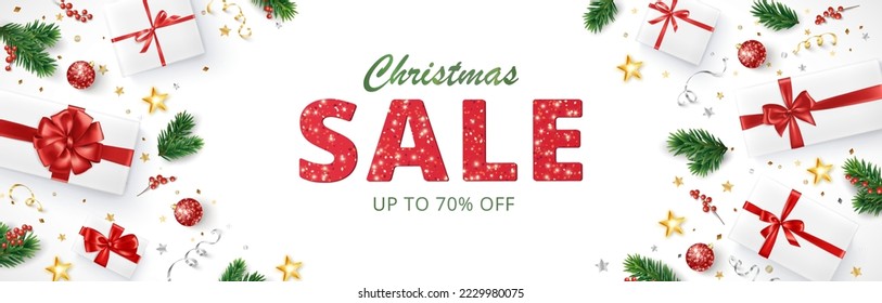 Christmas sale banner. Realistic fir tree branches and presents. Gift boxes with red ribbons. Sale red glitter sparkling text. Holiday decoration, frame. Winter season promotion design. Vector. 