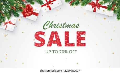 Christmas sale banner. Realistic fir tree branches and presents. Gift boxes with red ribbons. Sale red glitter sparkling text. Holiday decoration, frame. Winter season promotion design. Vector. 