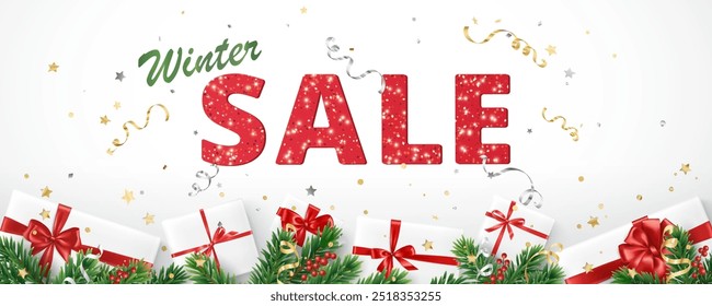 Christmas sale banner. Realistic fir tree branches and presents. Gift boxes with red ribbons. Sale red glitter sparkling text. Holiday decoration, frame. Winter season promotion design. Vector. 