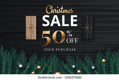 Christmas sale banner. Realistic fir-tree branches with berries and balls. Vector illustration for winter holiday discount. Vector illustration
