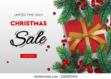 Christmas Sale banner. Realistic fir-tree branches with berries and red gift box. Vector illustration for winter holiday discounts