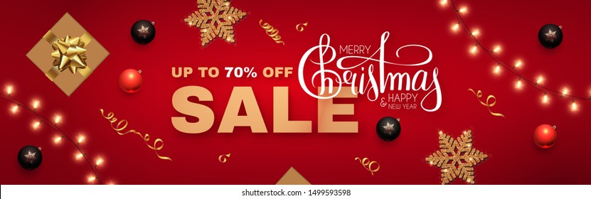 Christmas Sale banner with realistic gift box, gold snowflakes, light garland, lettering and lights.