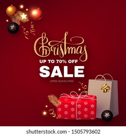 Christmas Sale banner with realistic gift box, shopping bag, glossy balls, holiday decoration, lettering and lights.