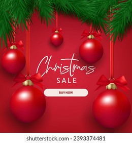 Christmas sale banner realistic pine tree branches and decorative balls. Festive background for winter celebrations, with a mix of red and green elements. Not AI generated.