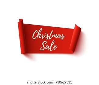 Christmas Sale banner. Red abstract ribbon isolated on white background. Vector illustration.