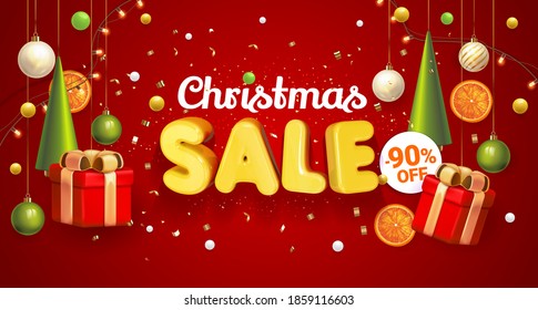 Christmas Sale banner red with composition made of hanging christmass ball and plastic green cartoon Christmas trees, glass ornaments, festive elements. Vector Illustration. Concept winter ads sale.