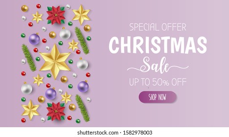 Christmas sale banner with red, gold and green balls, shiny ribbon andsnow flake on purple background. Vector illustration