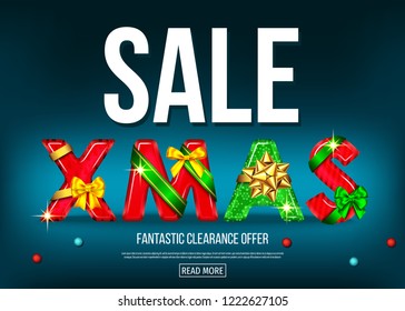 Christmas sale banner with red and green decorative letters with  gift bow, ribbon  and  fir branch. Xmas text on blue background. Winter holiday special offer. Vector template.