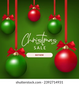 Christmas sale banner, red and green realistic balls, a festive and decorative design. Posters, cards, and invitations, creating a joyful atmosphere for the holiday season. Not AI generated.