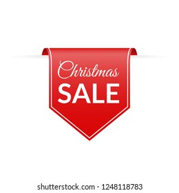 Christmas sale banner. Red ribbon with Xmas discount. Vector illustration.