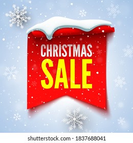 Christmas sale banner with red ribbon, snow cap and snowflakes. Vector illustration.
