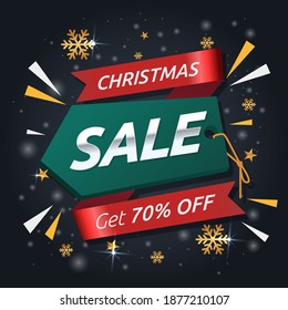 Christmas sale banner with red ribbon and green tag