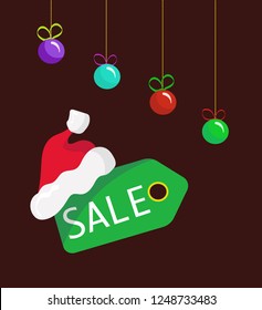 Christmas sale banner with red Santa hat and bright xmas bubbles. Advertisement template for any Christmas and New Year time sales. Vector template for businesses and anyone else.