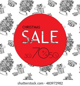 Christmas Sale banner with red sticker on the white background. Vector illustration