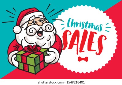 Christmas Sale banner. Retro Santa Claus holding Christmas gift present with Christmas Sales signboard. - vector retro character