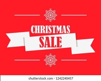 Christmas sale banner with ribbon on red background. Poster for advertisements, festive design. Vector illustration