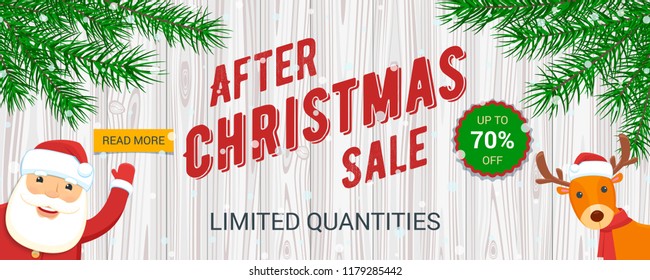 Christmas sale banner. Santa Claus and reindeer. Vector illustration