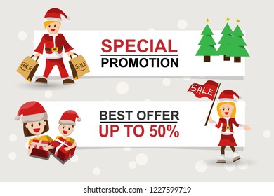 Christmas Sale banner with Santa Claus and trees. Vector.