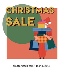 Christmas sale banner with Santa Claus holding a lot of gift boxes and paper shopping bags. Trendy retro design with texture text. Vector flat illustration.