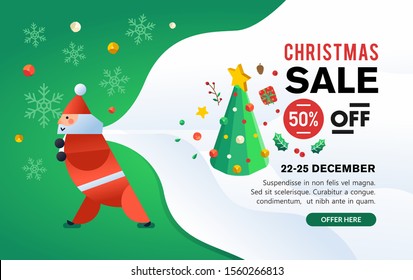 christmas sale banner with santa claus pulling big pocket. christmas sale banner and flyer for store and shopping mall. you can use it in landing page, social media and other