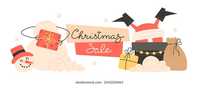 Christmas sale banner with Santa Claus popping out of the chimney and a snowman standing nearby