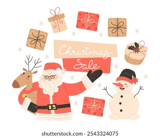 Christmas sale banner with Santa Claus hugging a reindeer, snowman, and gift boxes