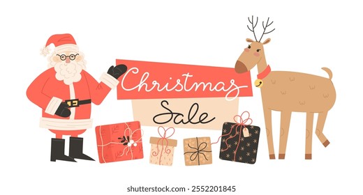 Christmas sale banner with Santa Claus, Gift boxes and Reindeer