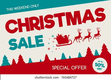 Christmas Sale banner with Santa Claus and trees. Vector.