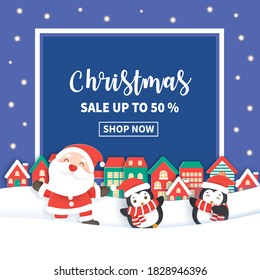 Christmas sale banner with Santa clause and friends.