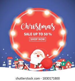 Christmas sale banner with Santa clause and friends.