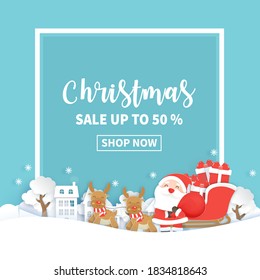 Christmas sale banner with a santa clause and friends in the snow village.