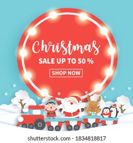 Christmas sale banner with a santa clause and friends in the forest.
