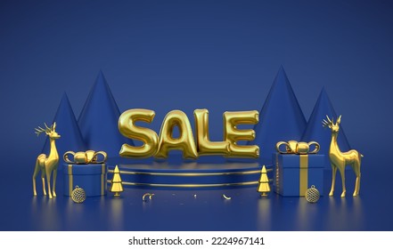Christmas SALE banner. Scene and 3D platform on blue background. Golden Sale balloon word. Pedestal with gift boxes with gold bow and golden deers, metallic pine cone spruce trees. Vector illustration