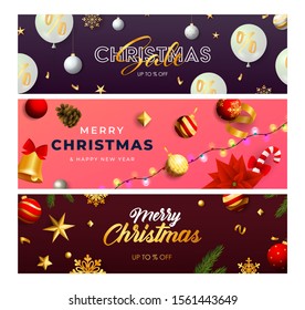 Christmas Sale banner set with balloons, baubles, garland, streamer. Vector illustration for advertising flyers and poster design