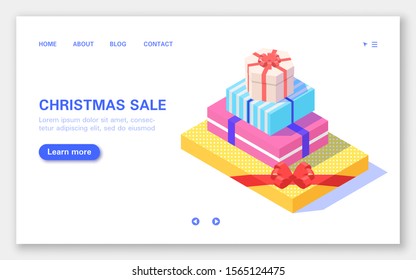 Christmas sale banner. Set of gift boxes on white background. Isometric vector illustration.