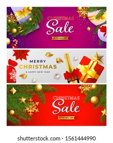 Christmas Sale banner set with gold baubles, gifts, champagne, fir tree branches. Vector illustration for advertising flyers and poster design