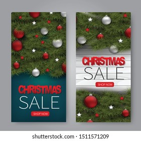 Christmas sale banner. A set of hand out leaflets or flyers. Winter holiday season design concept. Realistic vector illustration.