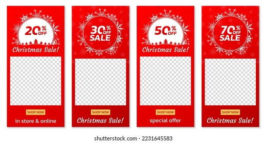 Christmas sale banner set. Social media post or story design template. Xmas frame with snowflakes. 20, 30, 50, 70 percent price off discount background. Vector illustration.