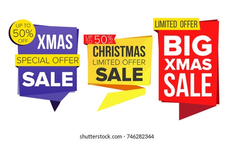 Christmas Sale Banner Set Vector. December Sale Banner. Website Stickers, Holidays Web Design. Up To 50 Percent Off Xmas Badges. Isolated Illustration