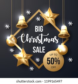 Christmas sale banner with shining gold and white ornaments.